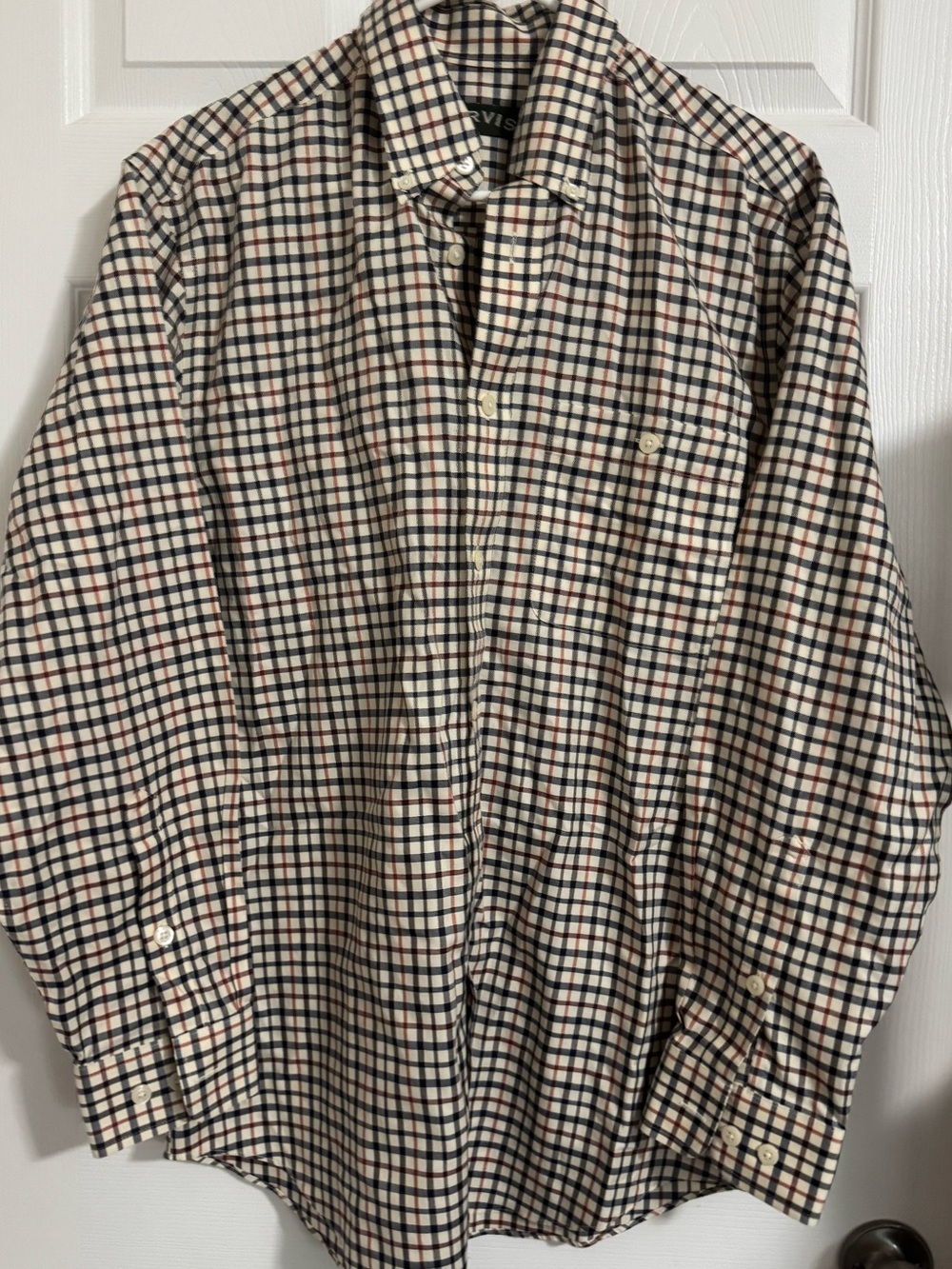 2/$25 Orvis Cream, Navy & Brown Plaid Button-Up Shirt